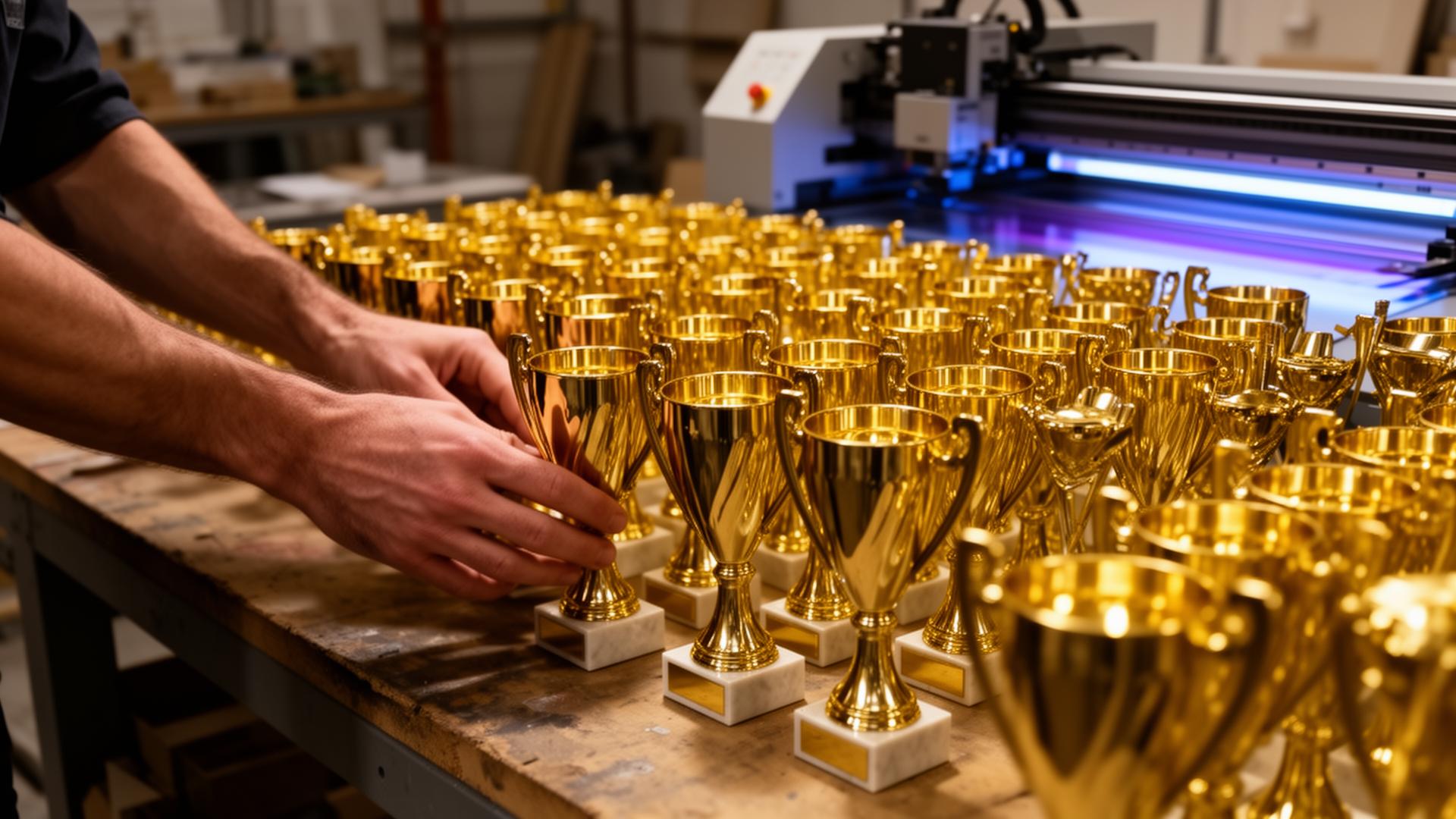 Atelier de producție trofee — sute de cupe metalice aliniate lângă imprimanta UV
